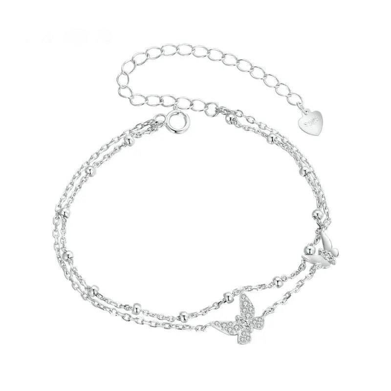 Double-Layer Butterfly Sterling Silver Bracelet – Adjustable CZ Gold Chain