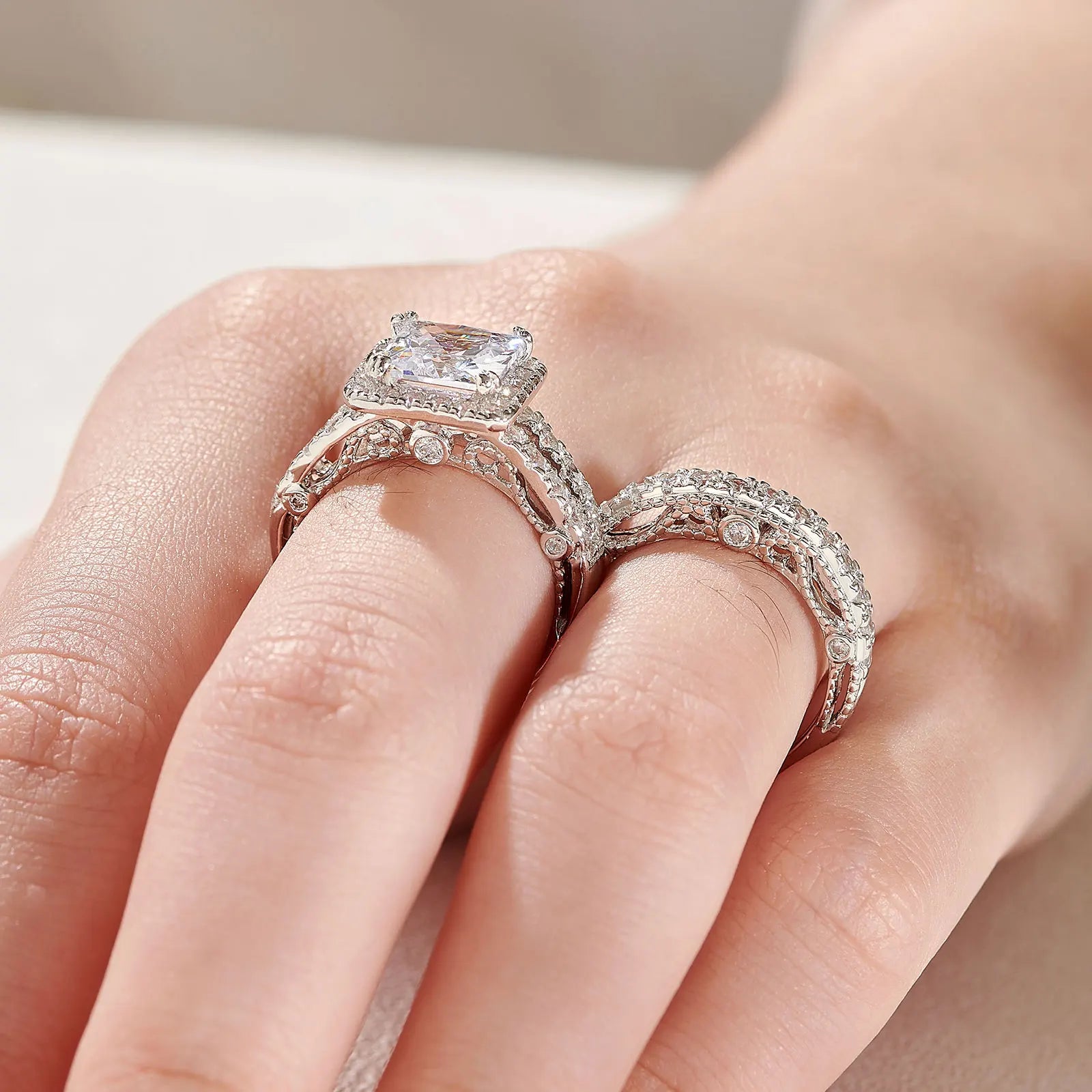 Luxury Moissanite Engagement & Wedding Ring Set – Vintage Sterling Silver