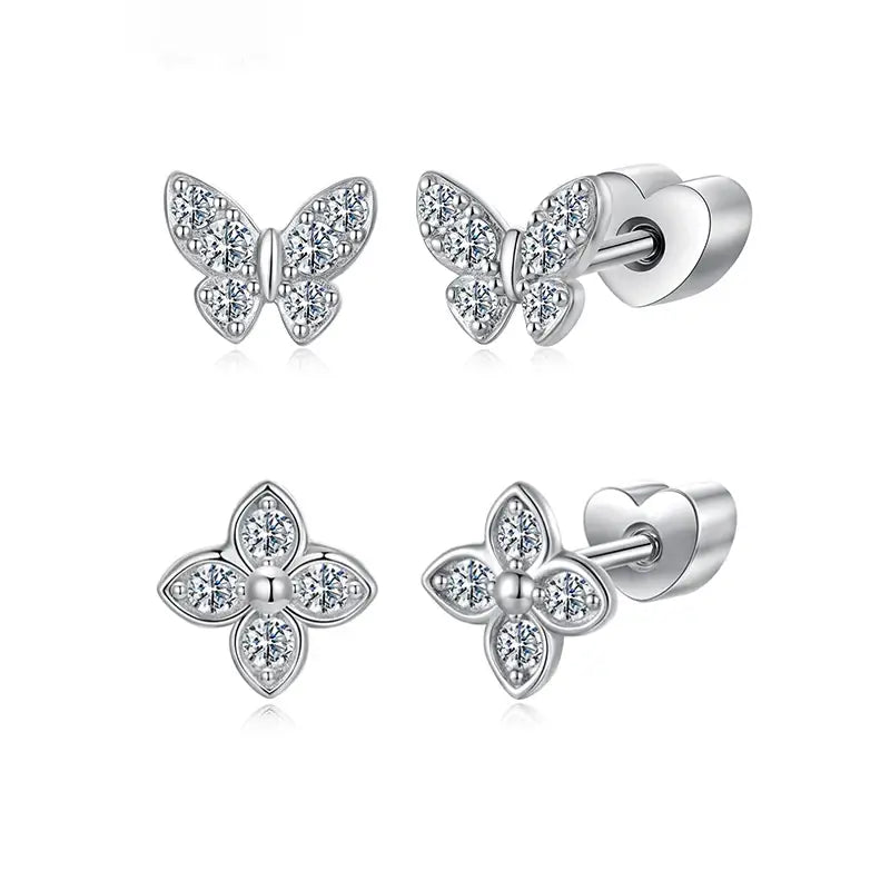 Moissanite Butterfly Clover Ear Studs, 925 Silver, Wedding Party Gift