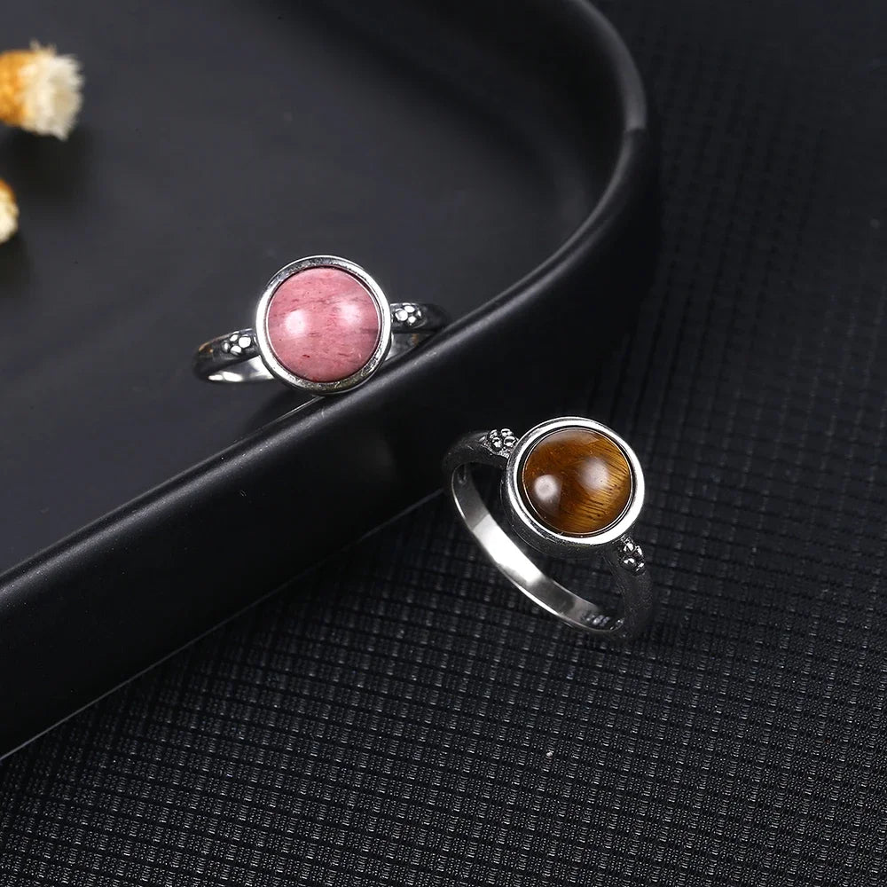Vintage Round Natural Labradorite Silver Ring for Women