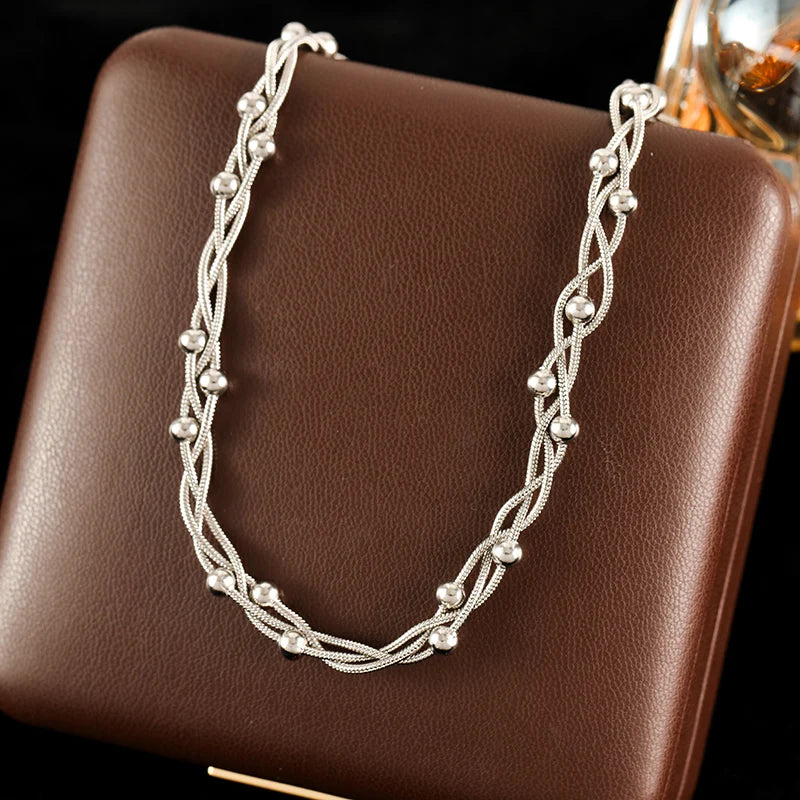 Silver Stainless Steel Bead Chain Necklace for Women – Rust-Proof Jewelry Gift