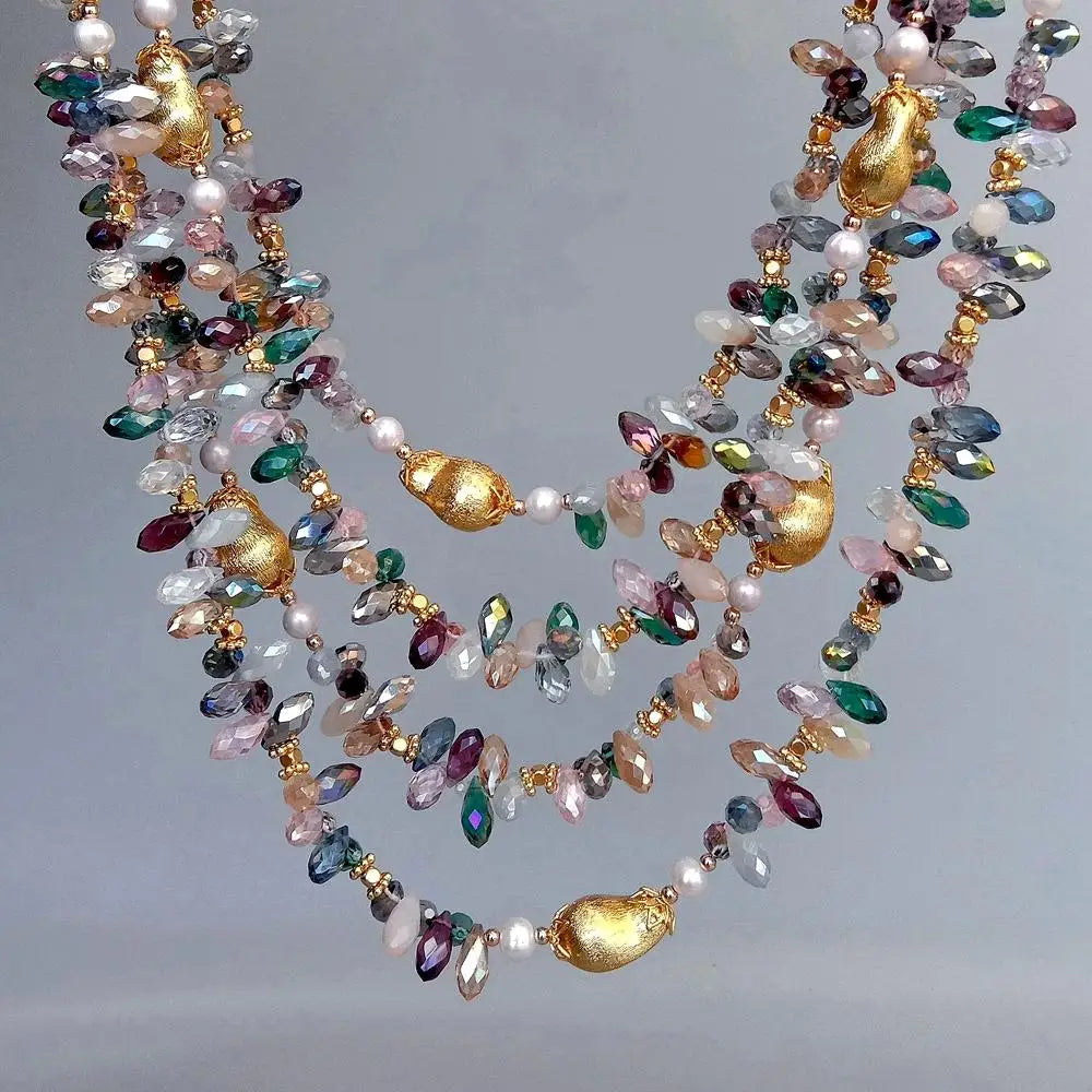 Elegant Multi-Color Crystal & White Pearl Statement Necklace Jewelry
