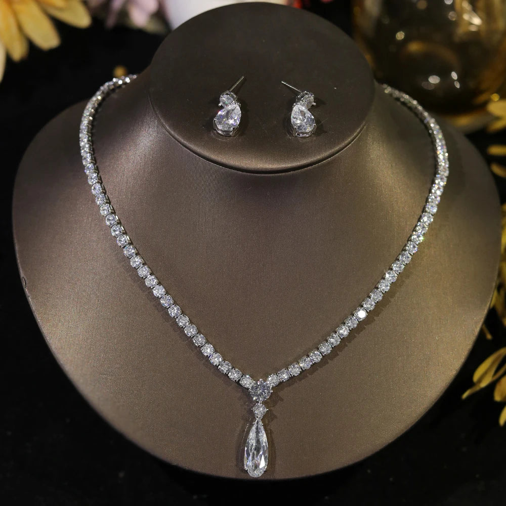 Classic Cubic Zirconia Water Drop Pendant Necklace Bridal Jewelry Set