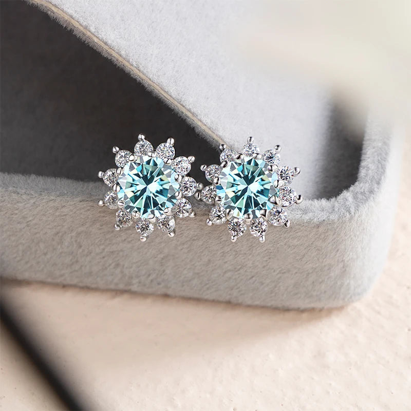 D Color Moissanite Sunflower Stud Earrings for Women in Sterling Silver