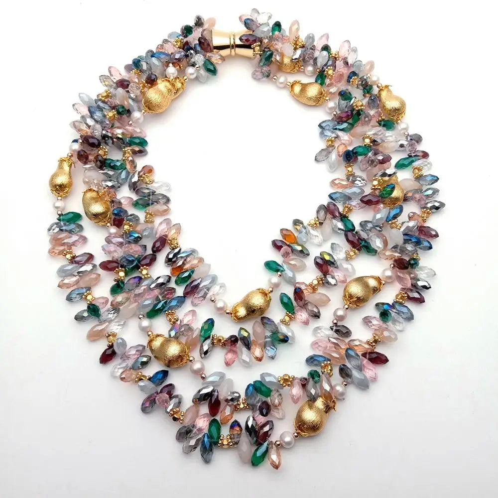 Elegant Multi-Color Crystal & White Pearl Statement Necklace Jewelry