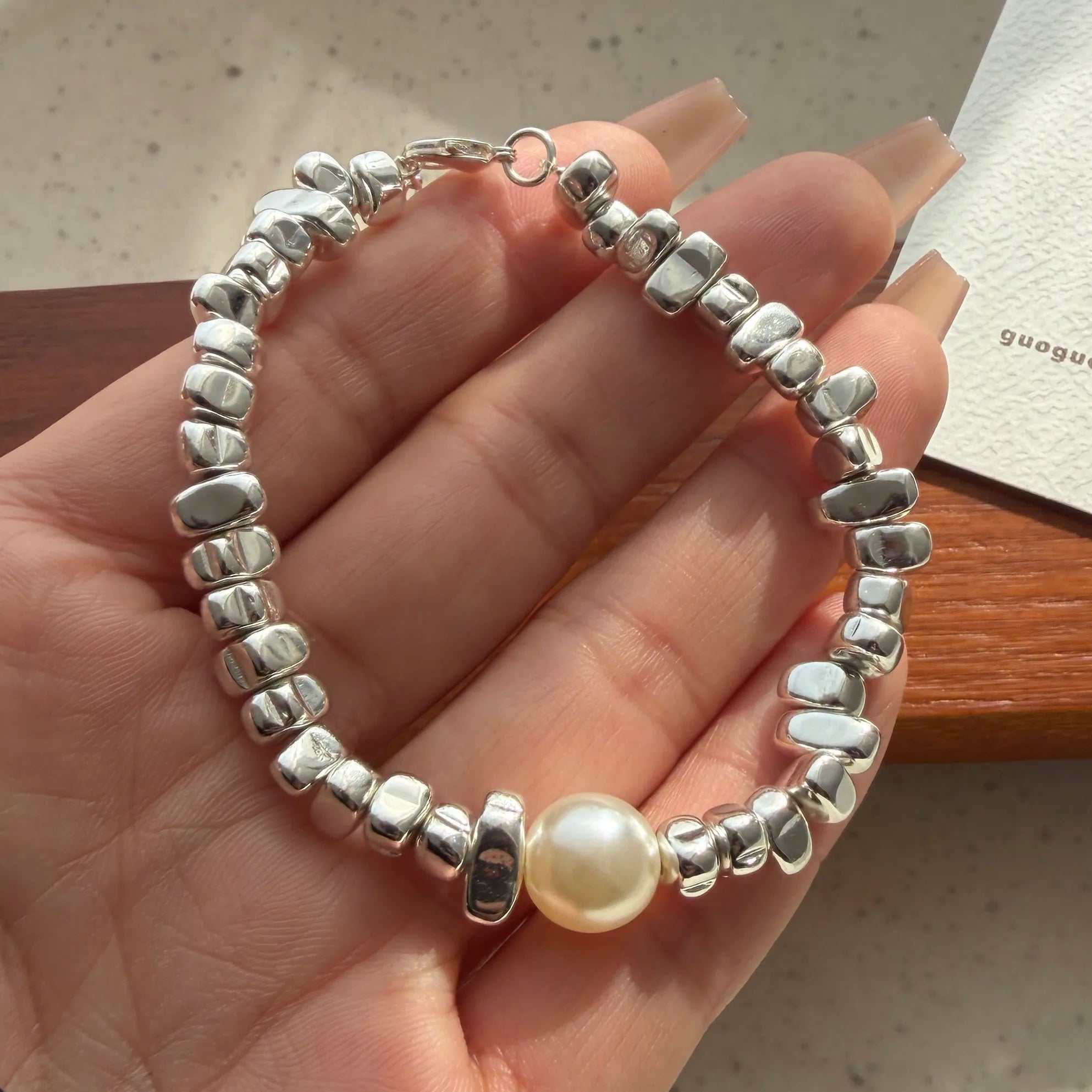 Retro Sterling Silver Geometric Pearl Bracelet