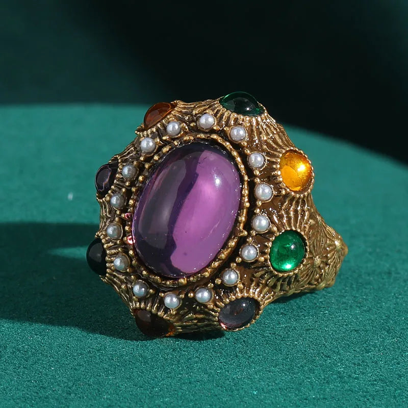 Gold-Plated Baroque Crystal and Pearl Oval Ring for Women