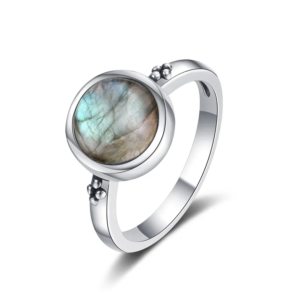 Vintage Round Natural Labradorite Silver Ring for Women