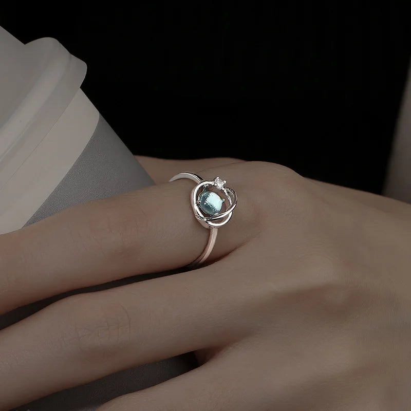 Mermaid Whale Tail Moonstone Stackable Ring – Blue Green Silver