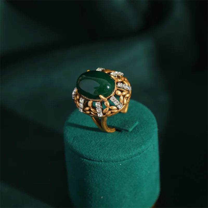 Vintage Gold Emerald Green Oval Stone Ring for Women