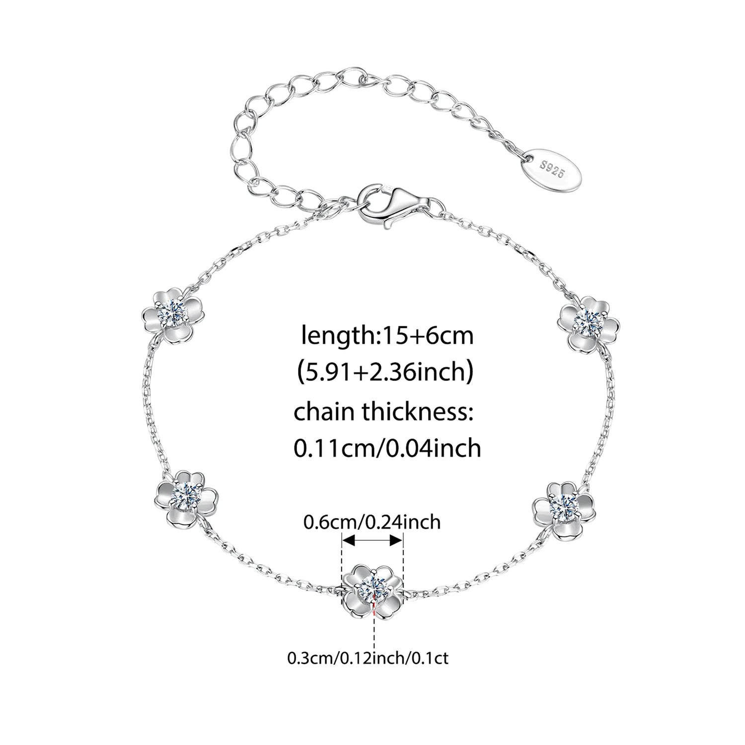 Silver Clover Moissanite Bracelet – 0.5CT Adjustable Lucky Flower Chain
