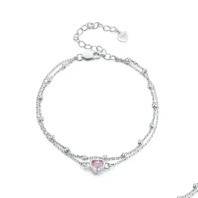 Silver Double Layer Heart Bracelet with Pink Zircon Adjustable Chain