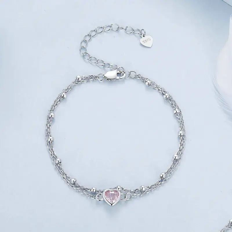 Silver Double Layer Heart Bracelet with Pink Zircon Adjustable Chain