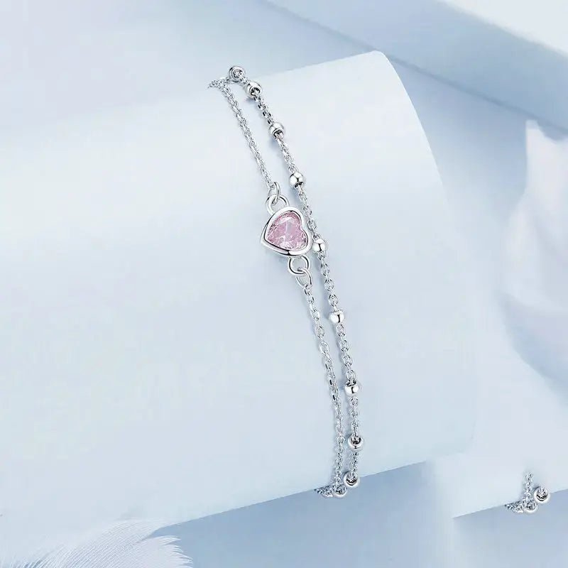 Silver Double Layer Heart Bracelet with Pink Zircon Adjustable Chain