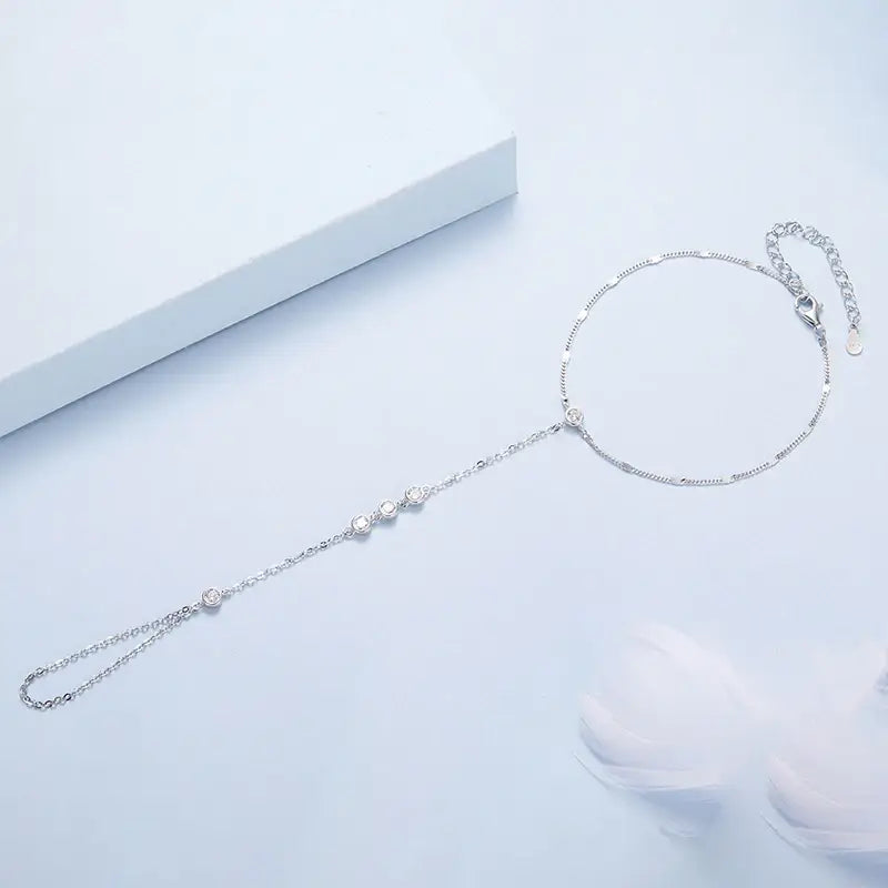 Silver Tassel Ring Bracelet Hand Chain Set with Dainty Zircons for Women