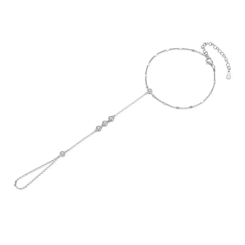 Silver Tassel Ring Bracelet Hand Chain Set with Dainty Zircons for Women