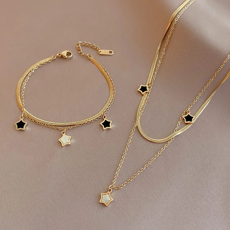 Stainless Steel Star Charm Necklace & Bracelet Set for Women