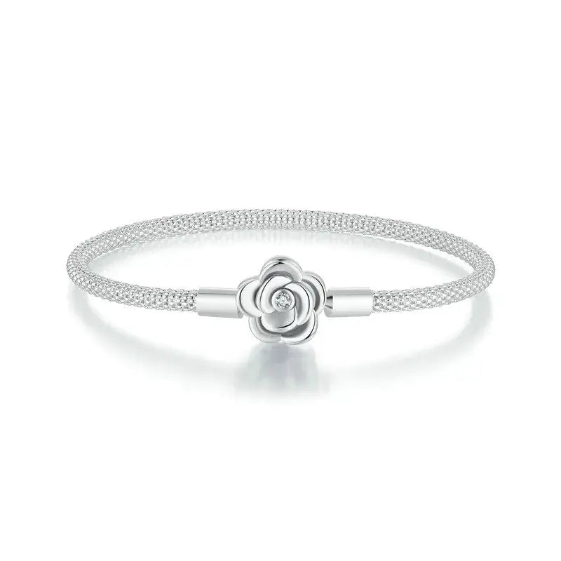 Sterling Silver Classic Rose Buckle Charm Bracelet for Women