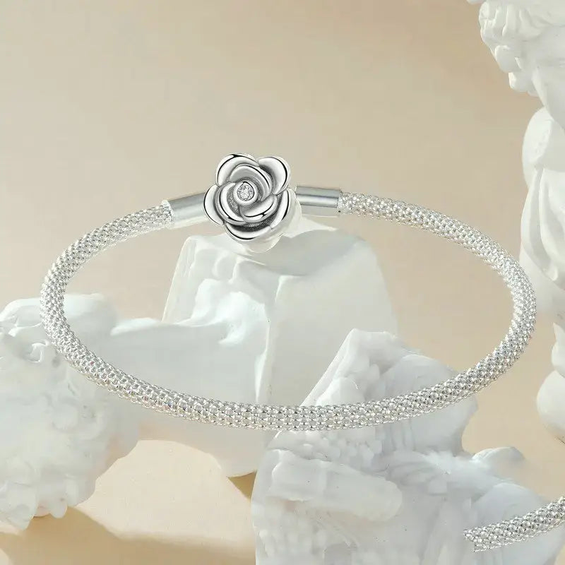 Sterling Silver Classic Rose Buckle Charm Bracelet for Women