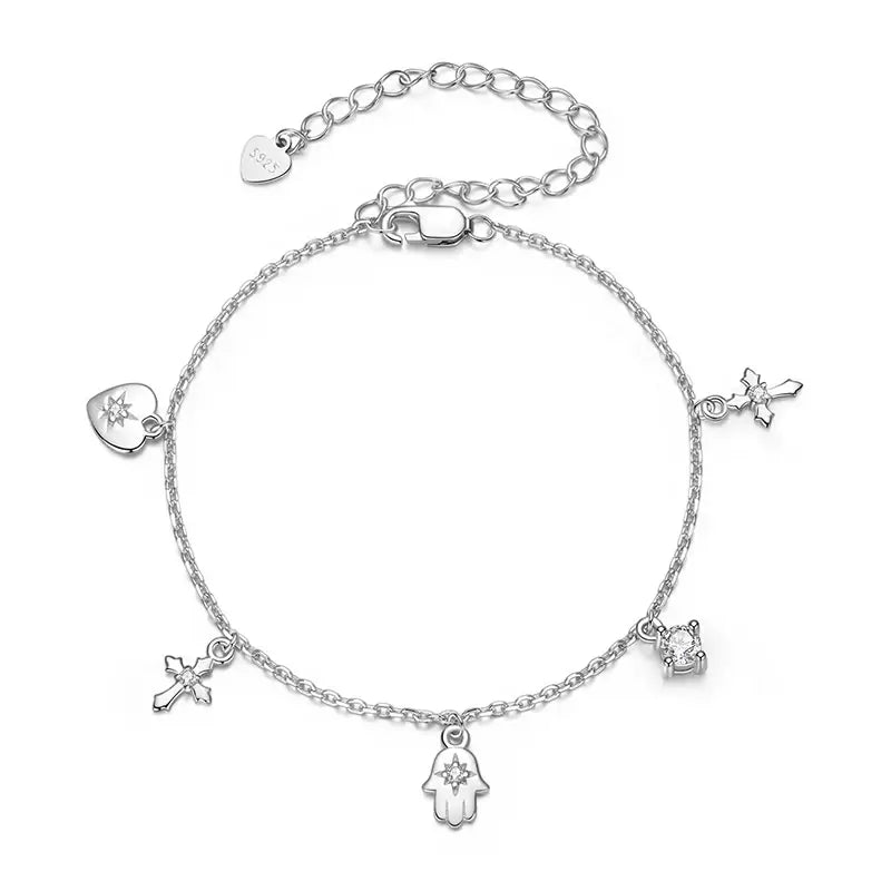 Sterling Silver Cross & Hand of Fatima Bracelet – Adjustable Lucky Gift