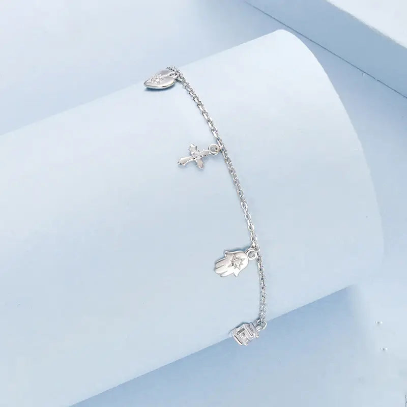 Sterling Silver Cross & Hand of Fatima Bracelet – Adjustable Lucky Gift