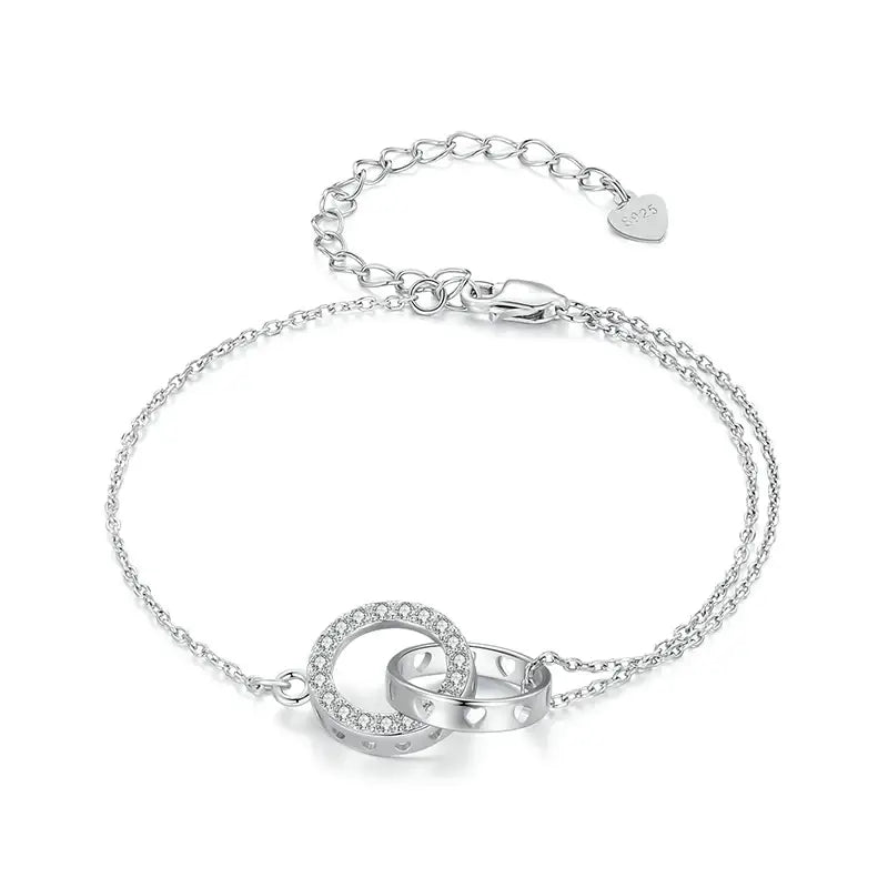 Sterling Silver Double Circle Hollow Heart Adjustable Bracelet