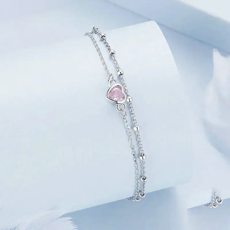 Sterling Silver Double Layer Pink Heart Bracelet for Women