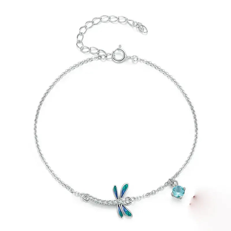 Sterling Silver Green & Blue Enamel Dragonfly Bracelet with CZ