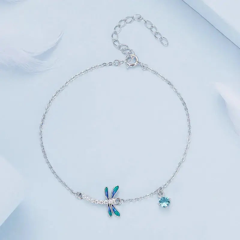 Sterling Silver Green & Blue Enamel Dragonfly Bracelet with CZ