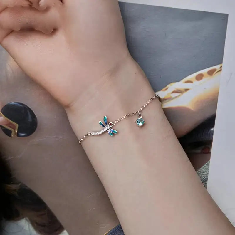 Sterling Silver Green & Blue Enamel Dragonfly Bracelet with CZ