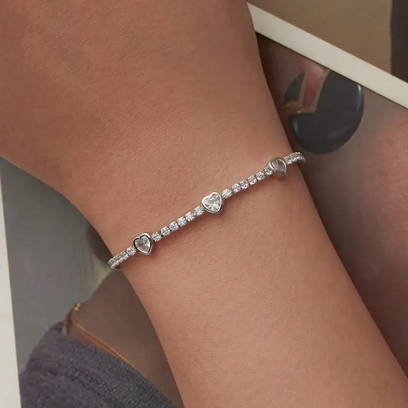 Sterling Silver Heart CZ Tennis Bracelet – Adjustable Chain Jewelry Gift