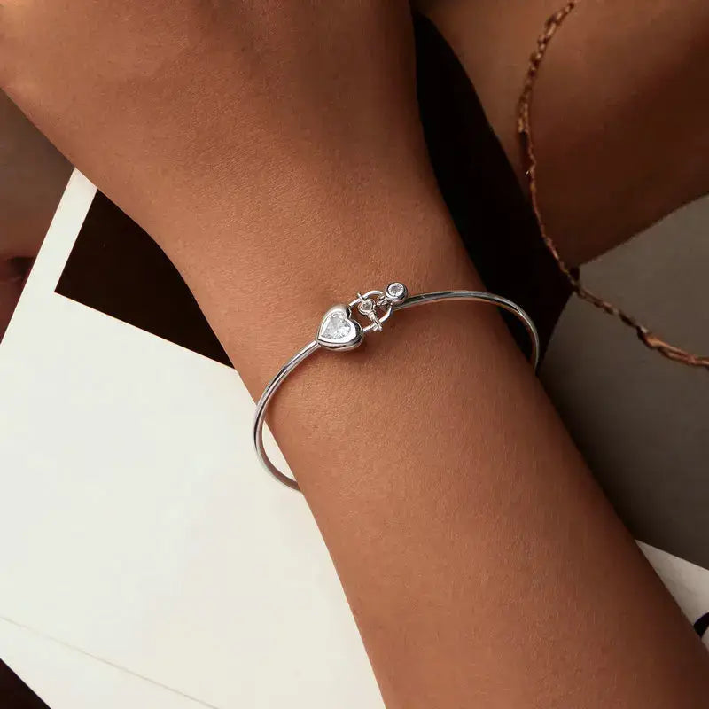 Sterling Silver Heart Lock Adjustable Chain Bracelet for Women