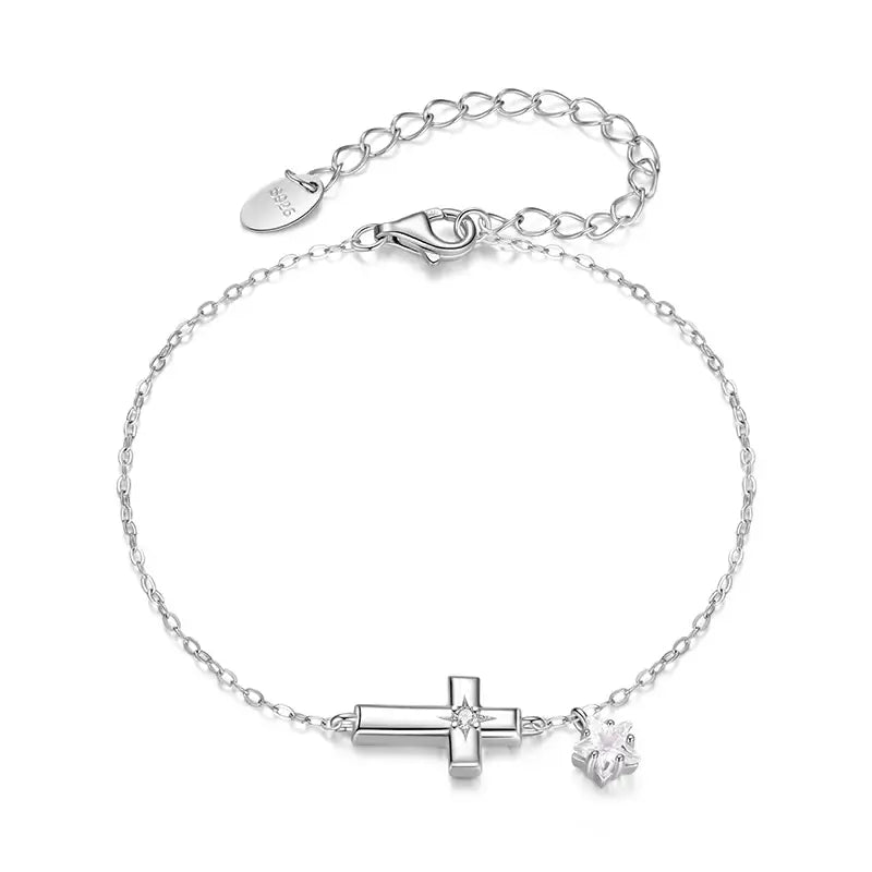 Sterling Silver Starlight Cross Bracelet with Star Zircon Pendant