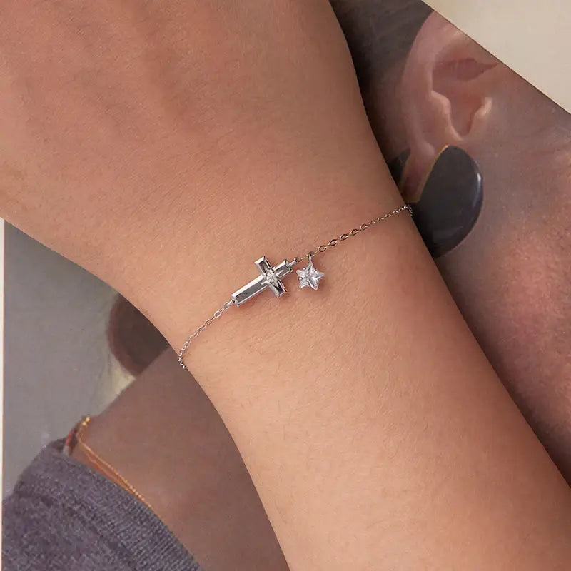 Sterling Silver Starlight Cross Bracelet with Star Zircon Pendant