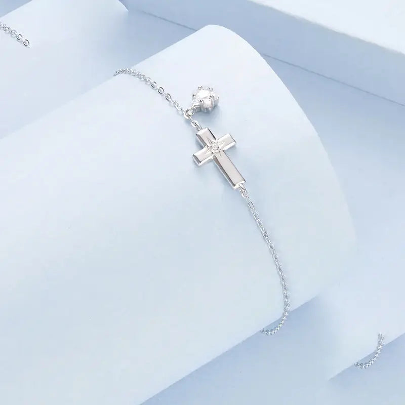 Sterling Silver Starlight Cross Bracelet with Star Zircon Pendant