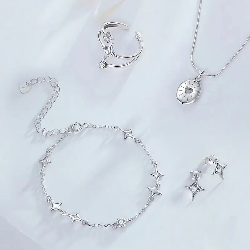 Sterling Silver Starry Adjustable Bracelet with Bezel CZ Links for Women