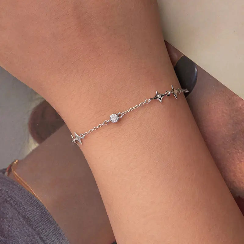 Sterling Silver Starry Adjustable Bracelet with Bezel CZ Links for Women
