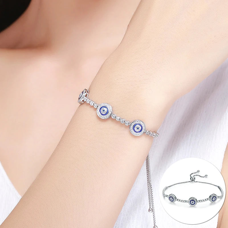 Sterling Silver Turkish Blue Evil Eye Tennis Bracelet for Women