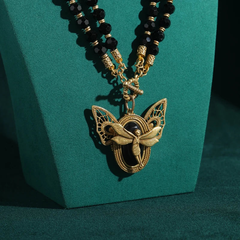 Vintage Black Agate Layered Necklace with Gold Fairy Wing Pendant