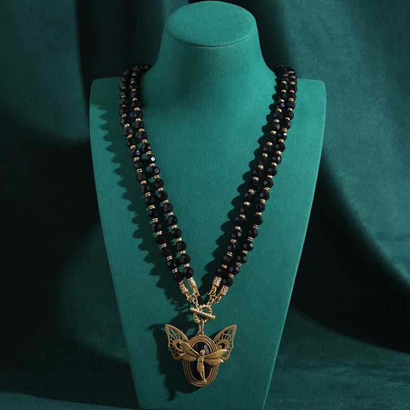 Vintage Black Agate Layered Necklace with Gold Fairy Wing Pendant