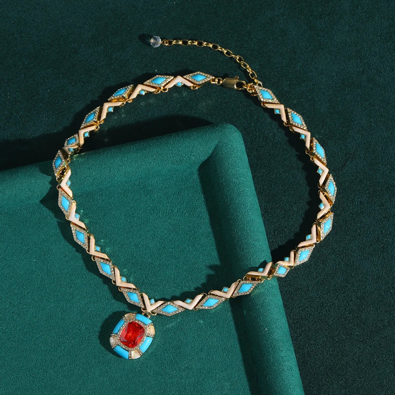 Vintage Blue & Red Stone Pendant Necklace – Women’s Jewelry