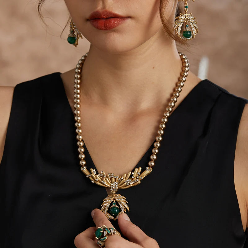 Vintage Champagne Pearl Necklace with Rhinestone Bee Charms