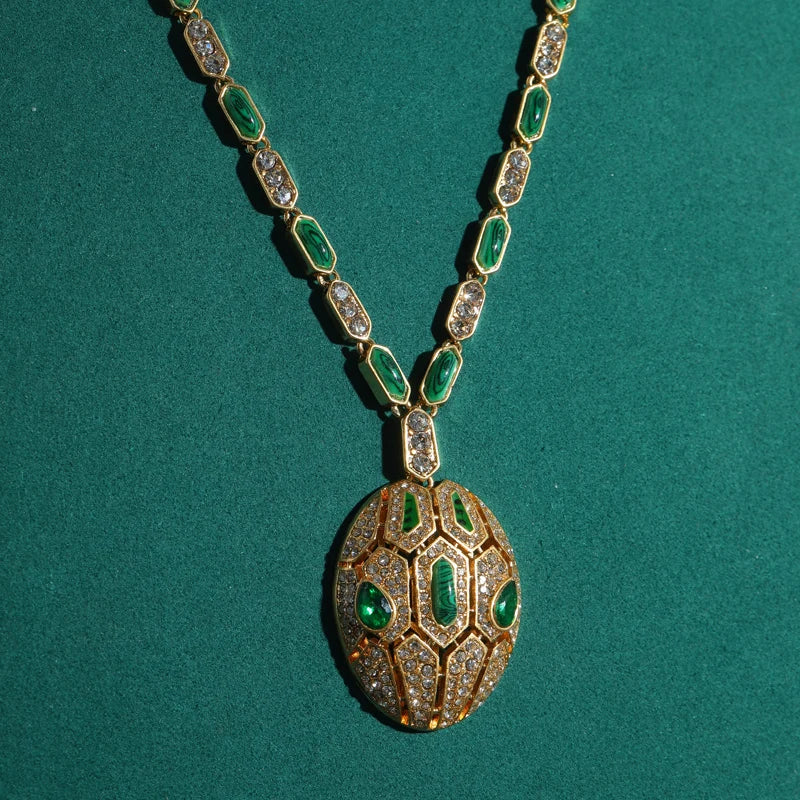 Vintage Emerald Snake Head Pendant Necklace with Zircon & Peacock Beads