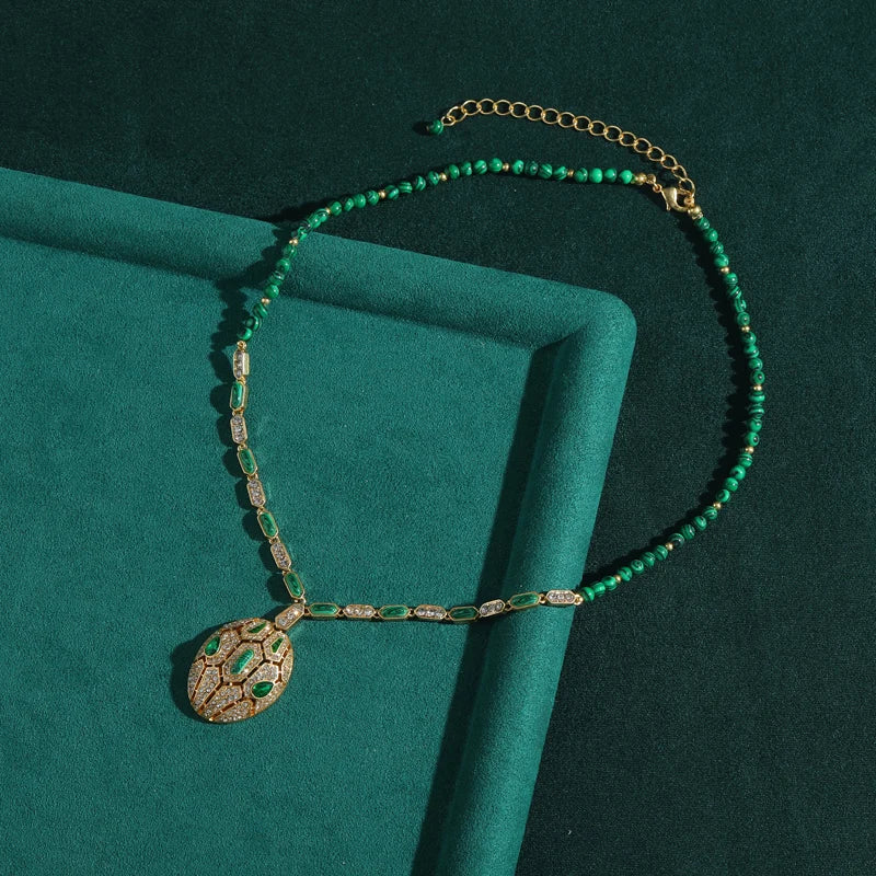 Vintage Emerald Snake Head Pendant Necklace with Zircon & Peacock Beads