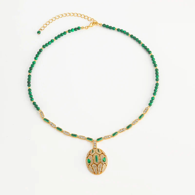 Vintage Emerald Snake Head Pendant Necklace with Zircon & Peacock Beads