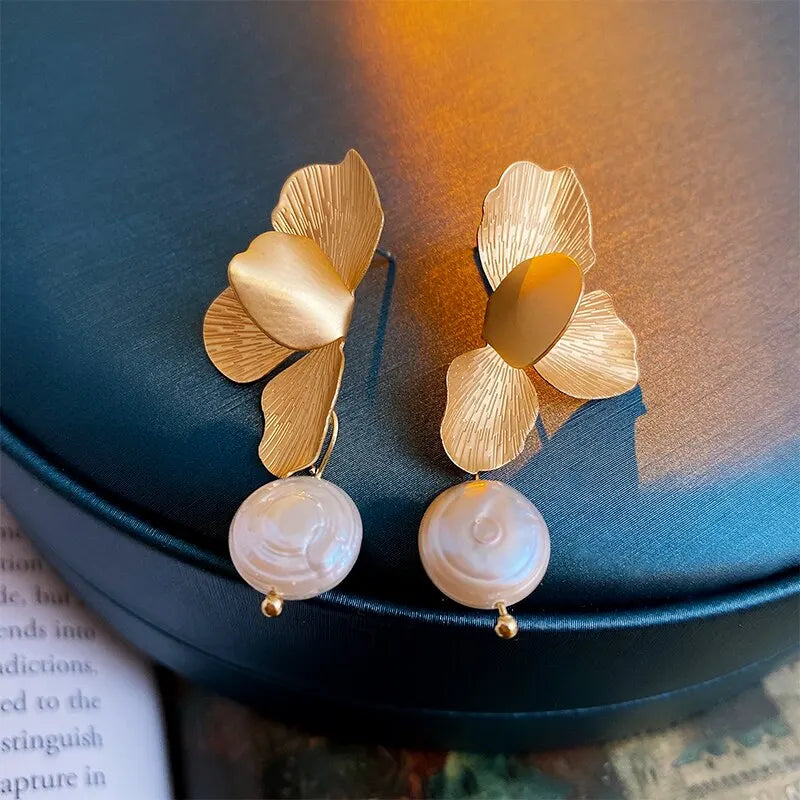 Vintage Gold Petal Flower Pearl Drop Earrings for Women