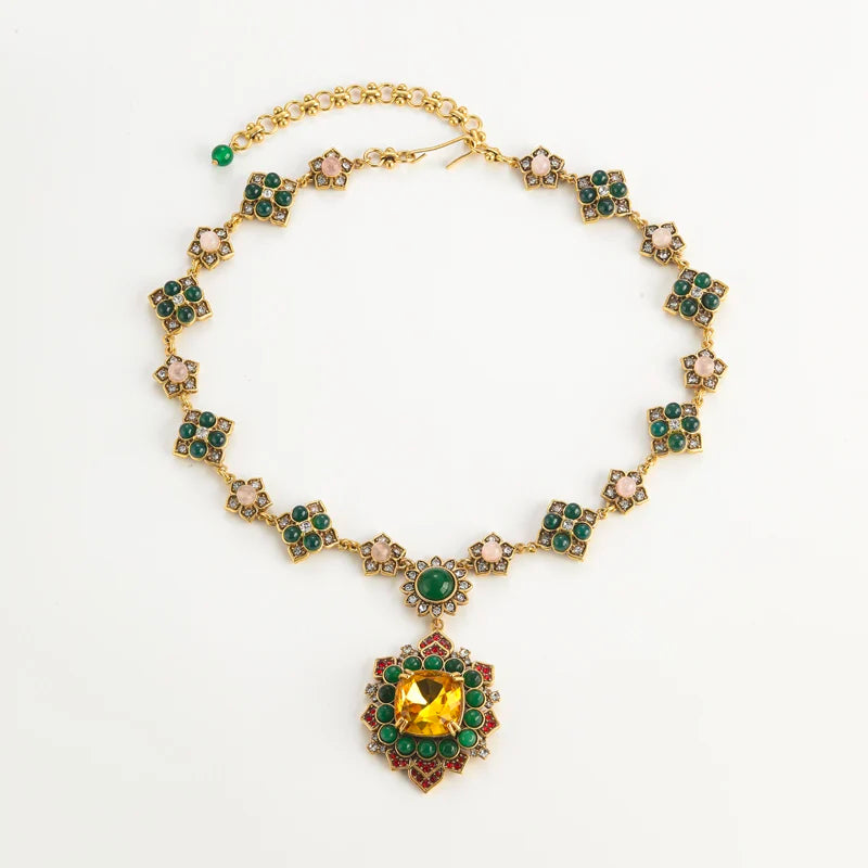 Vintage Green Crystal Flower Pendant Choker Necklace for Women