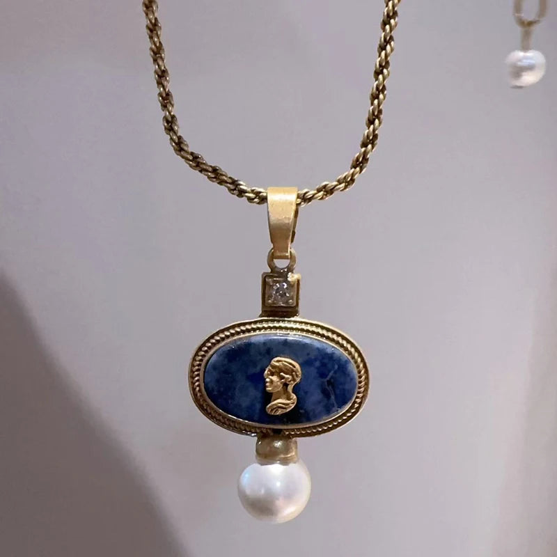 Vintage Lapis Lazuli Pendant Necklace – Gold Carved Portrait Design