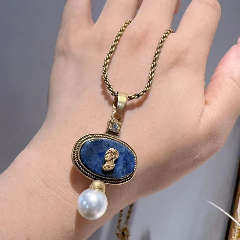 Vintage Lapis Lazuli Pendant Necklace – Gold Carved Portrait Design