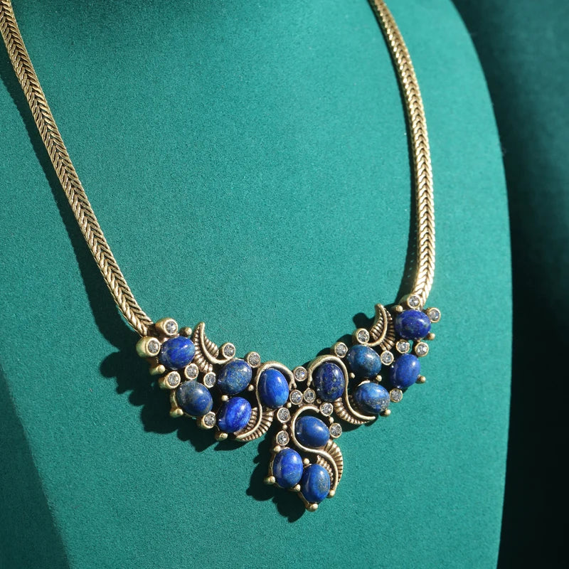 Vintage Lapis Lazuli Snake Chain Necklace – Antique Gold Women's Jewelry